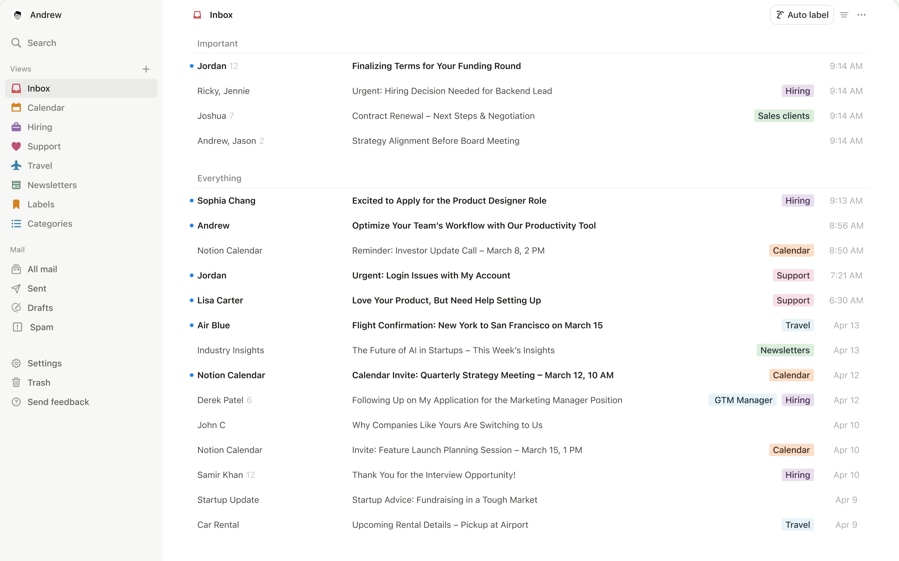 Una schermata di Notion Mail su desktop