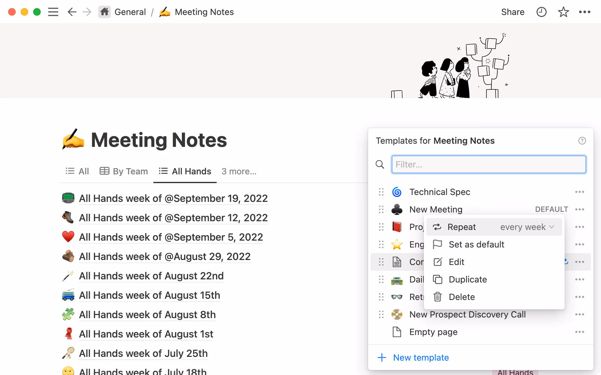 Set up repeating templates in the templates menu of any database.