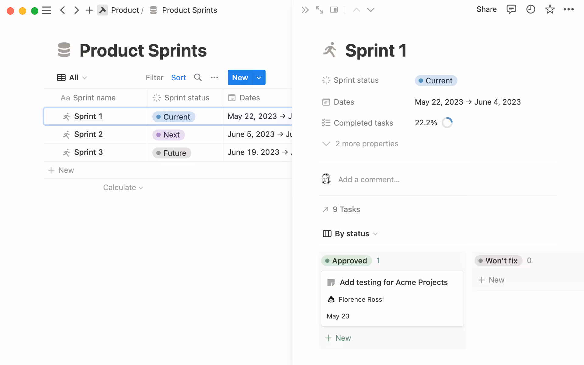 Sprint progress and details in Notion