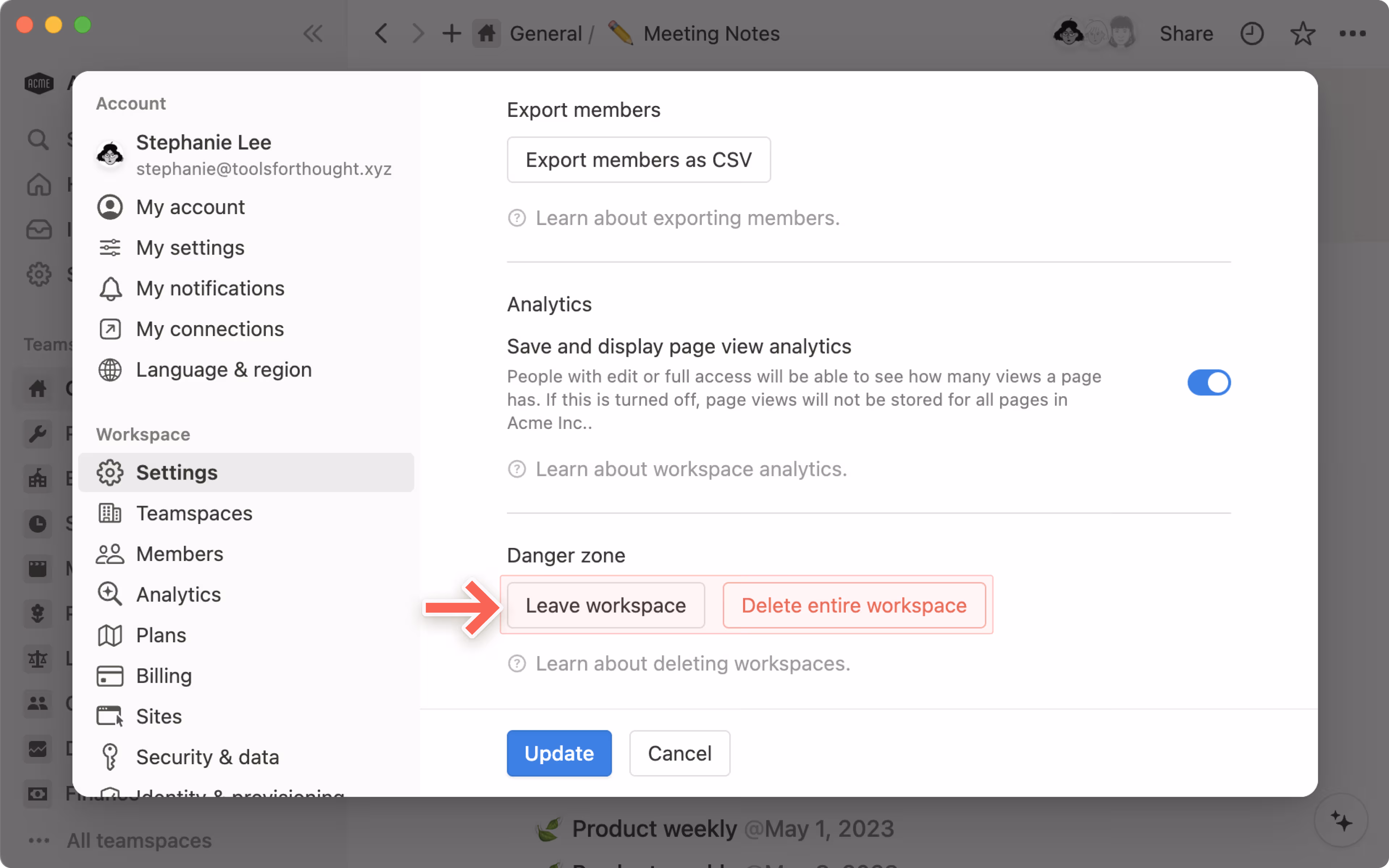 hc: leave or delete workspace