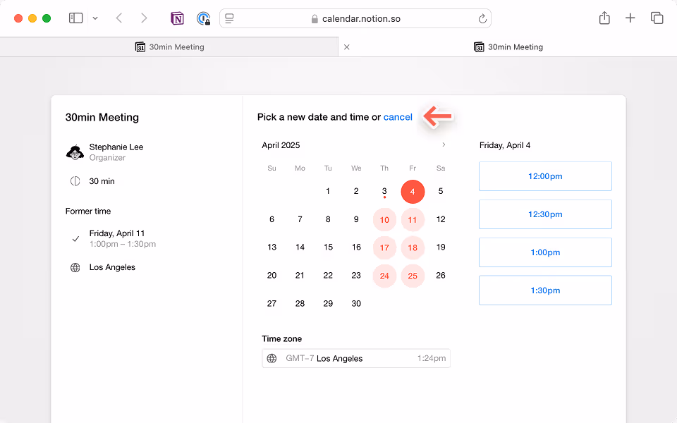 Click the link in your email calendar invite to reschedule or cancel.