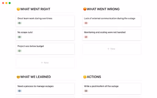 An Agile retrospective template for discussing what went right, what went wrong, and what the team learned.