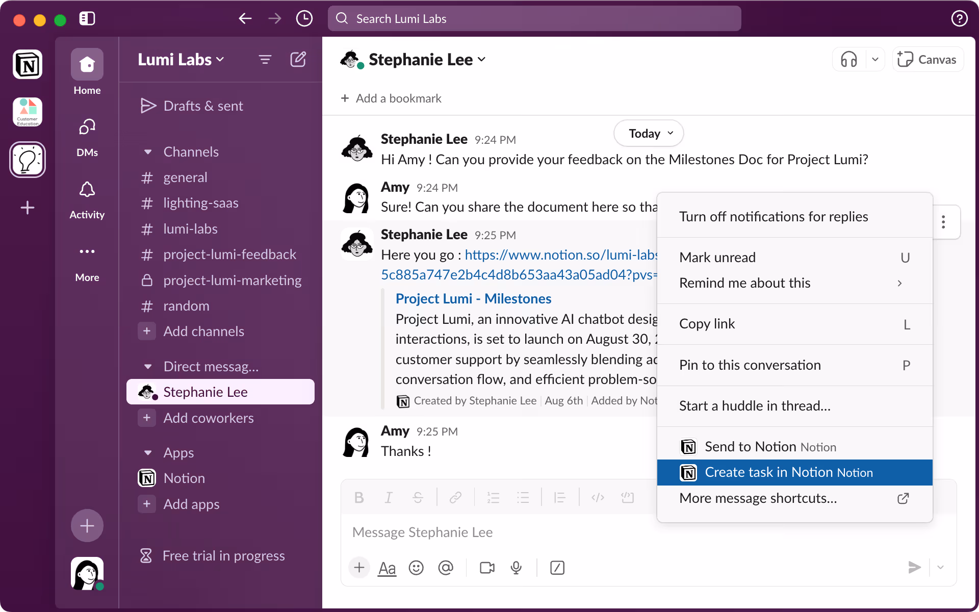 Add a task to a Notion database by selecting 'Create task in Notion'.