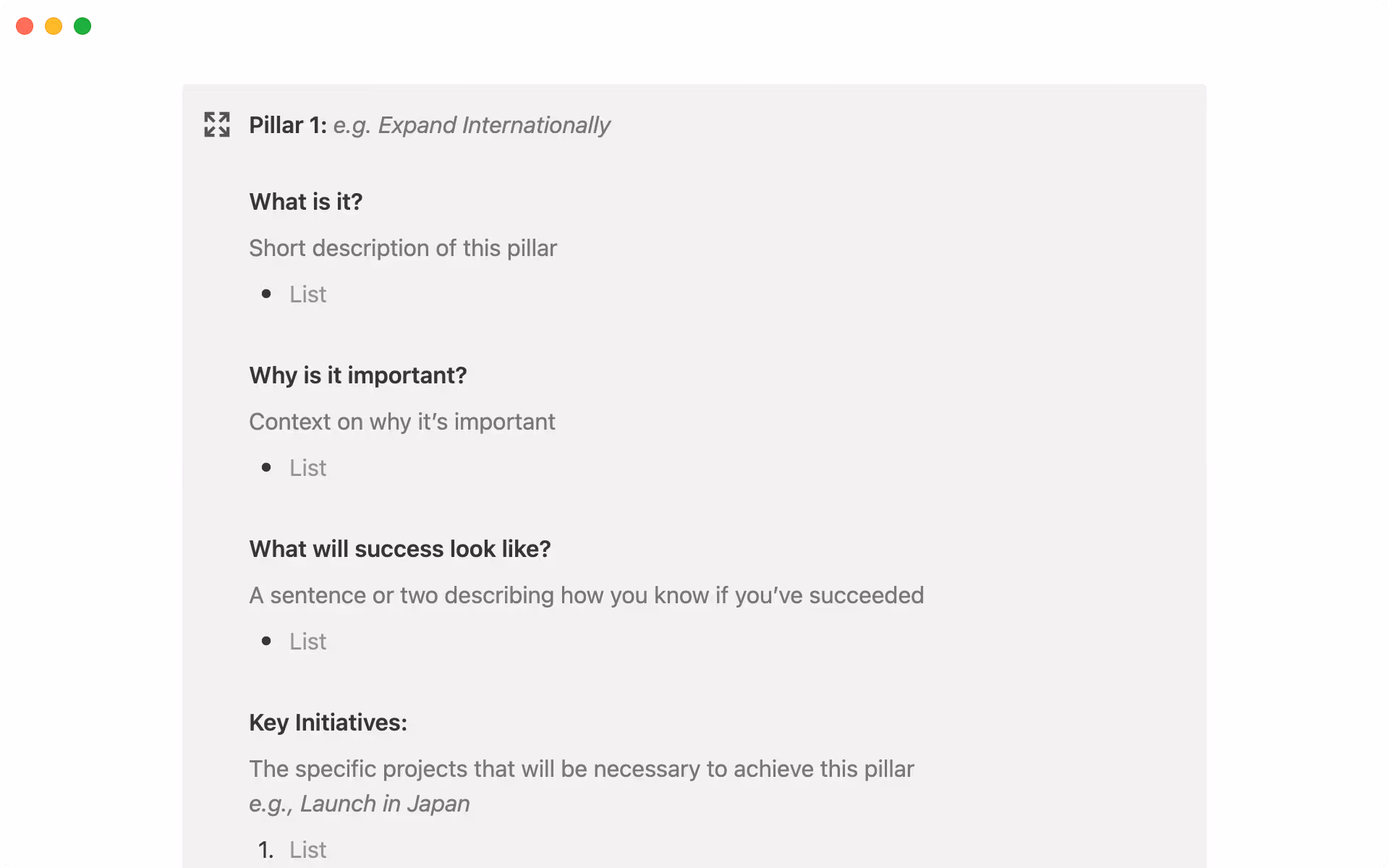 Build each strategic pillar by defining the what, why, success metrics, and key initiatives.