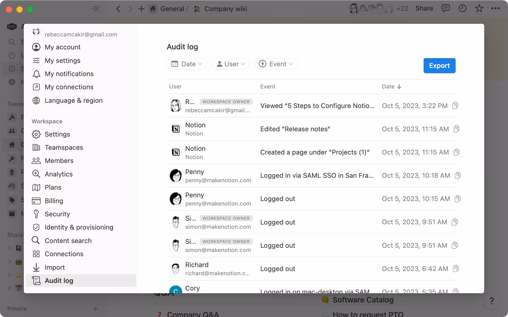 Audit log allows workspace owners to see all events taking place across their workspace.